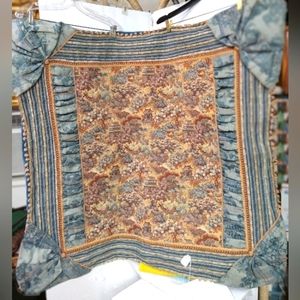 Vintage Pictorial Tapestry Covering, Pleats, Tassels, Boating, Temple  38"×42"